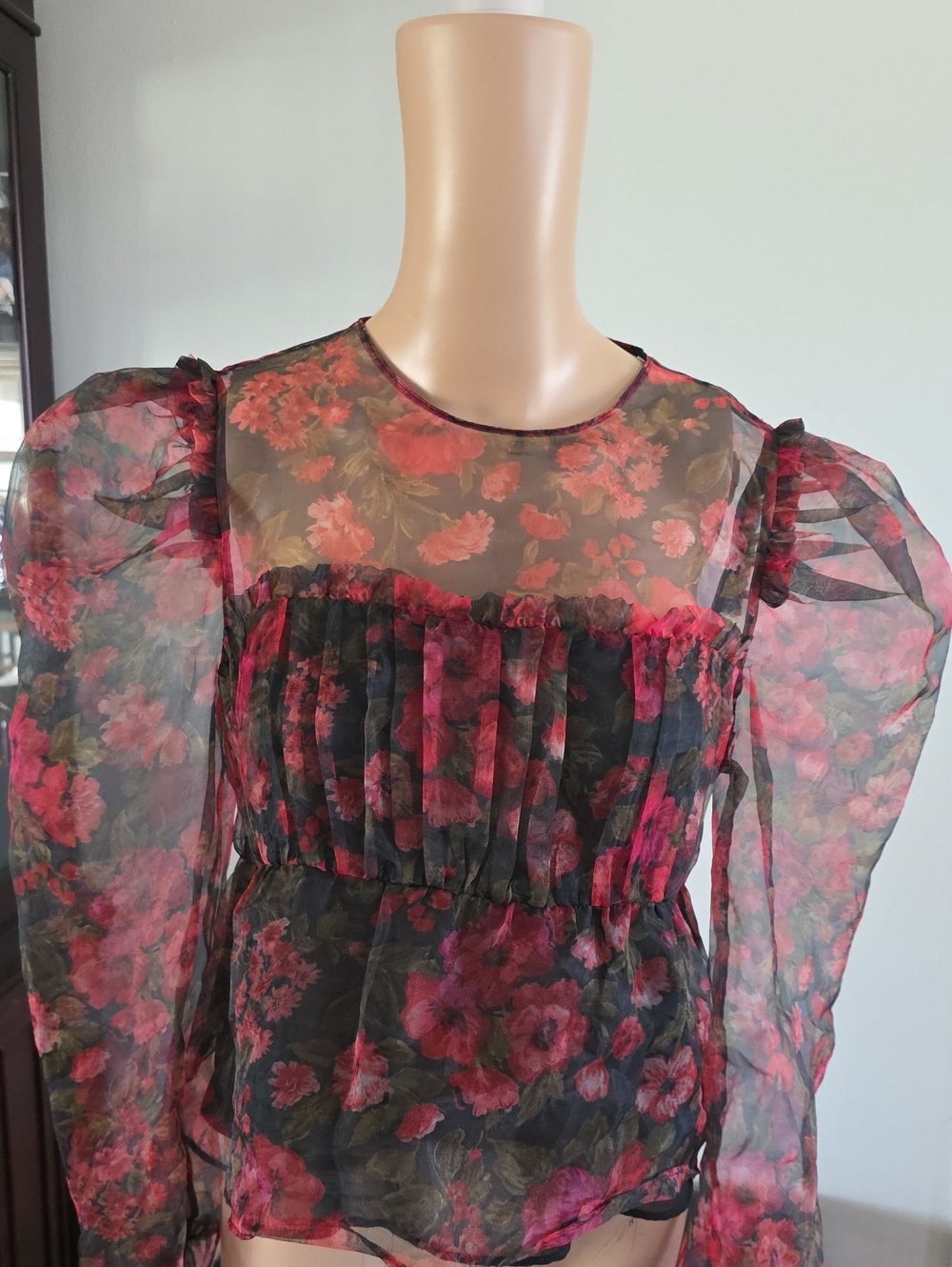 Zara Black Sheer Floral Blouse with Red Flowers